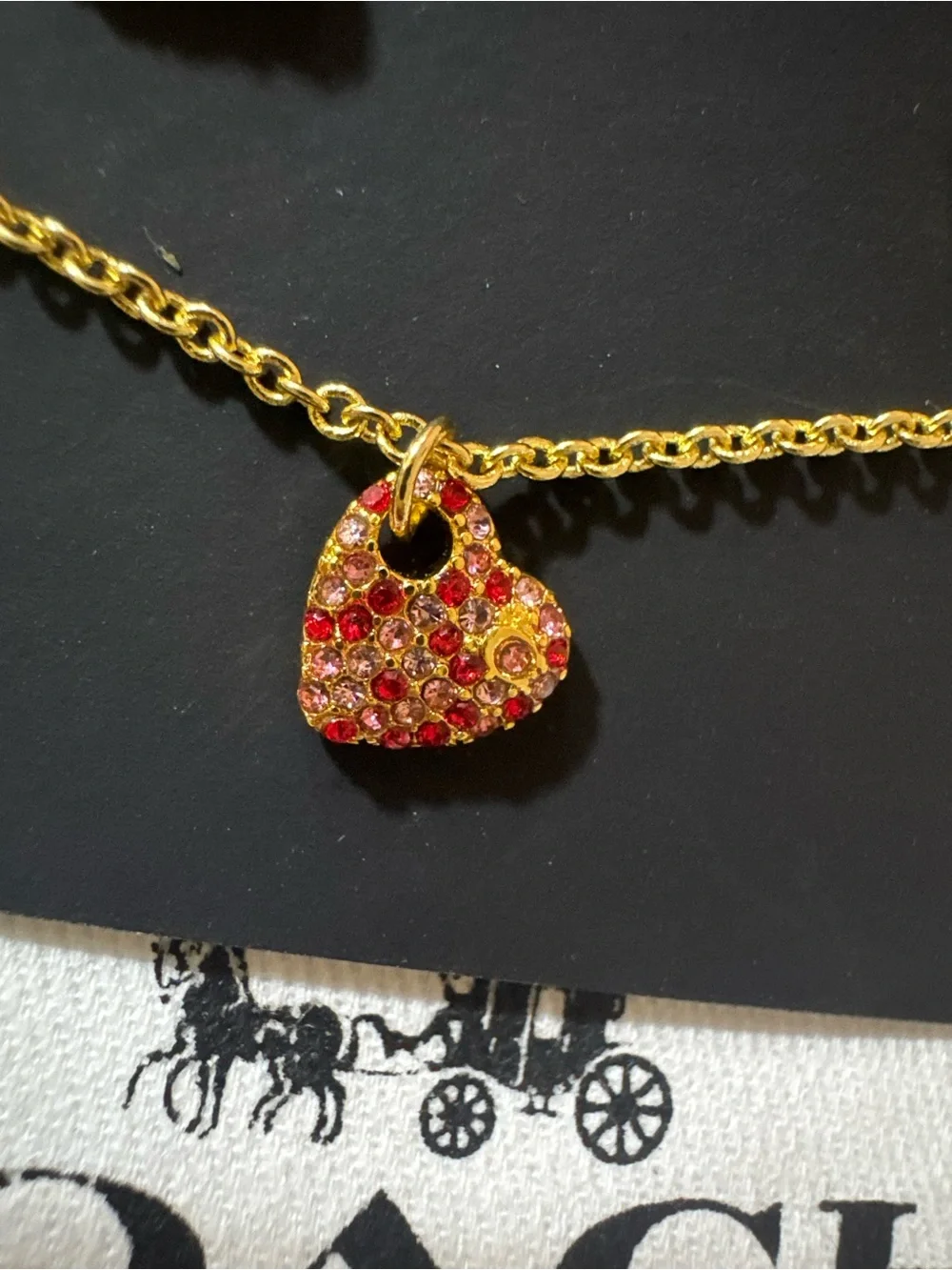 Coach Gold-Tone Red Crystal Heart Necklace & Stud Earrings